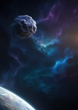Asteroid and Nebula in Space