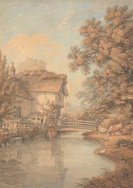 Pastoral Mill Scene with Bridge and Animals