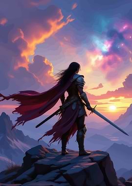 Warrior Woman Overlooking Sunset Landscape
