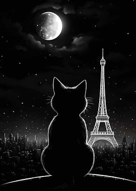 Cat silhouetted against Paris skyline at night