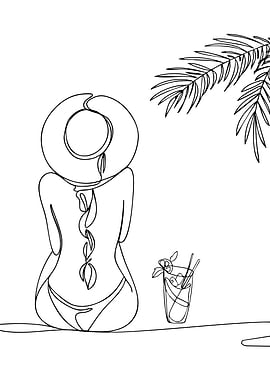 Woman in Hat and Bikini with Drink