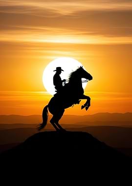Cowboy on Horse at Sunset