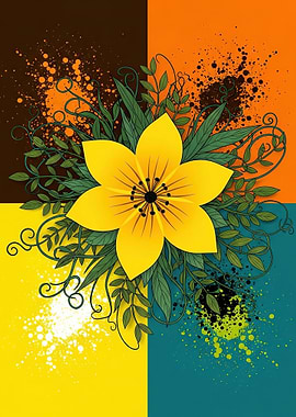 Yellow Flower with Greenery and Splatter