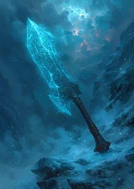 Glowing Ice Sword in Snowy Landscape