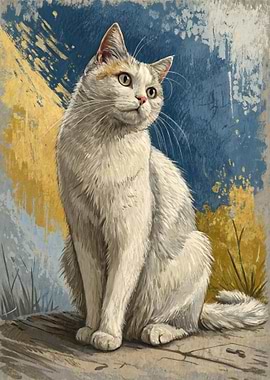 Painting of a white cat sitting