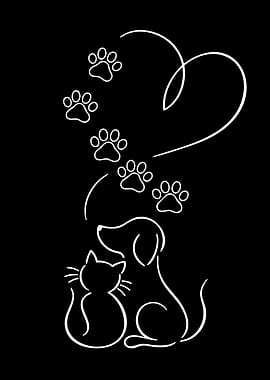 Cat and Dog with Paw Prints Heart