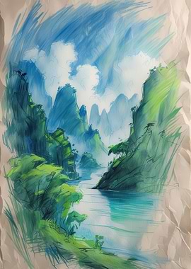 Misty Mountain River Landscape