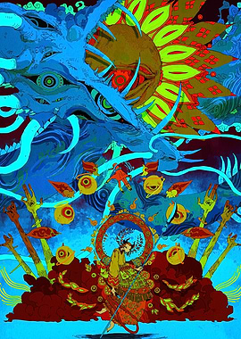 Mythical Figure with Dragon and Sun