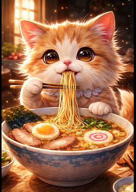 Cute Cat Eating Ramen