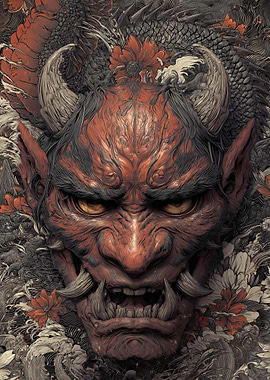 Demonic Oni Mask with Floral Accents