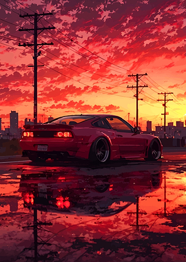 Red Sports Car at Sunset