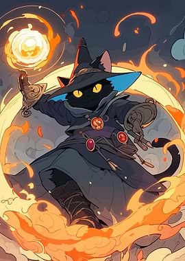 Black Cat Wizard Conjuring Fire