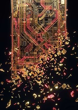 Abstract Circuit Board with Falling Petals