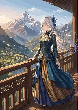 Anime Girl in Traditional Attire with Mountain View