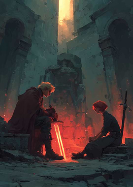 Two warriors in ruins with glowing swords