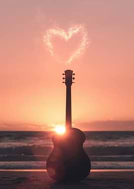 Guitar with Heart at Sunset