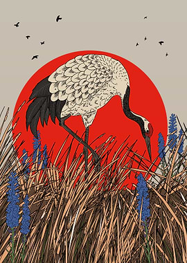Crane in front of the sun with flowers