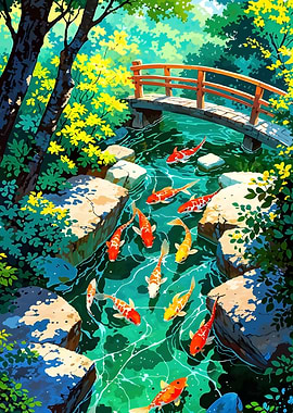 Koi Pond with Japanese Bridge