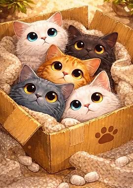 Five Adorable Kittens in a Cardboard Box