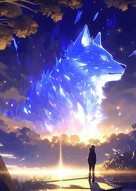 Giant Blue Wolf Spirit and Person