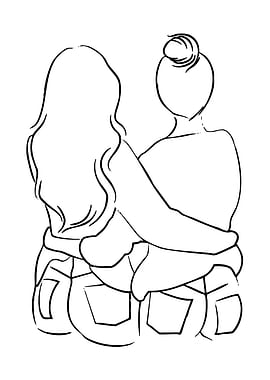Two women hugging, line art