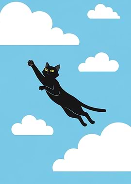 Black cat jumping through clouds