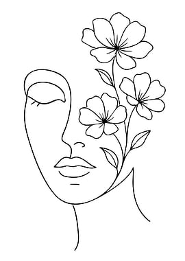 Minimalist Line Art of Woman with Flowers