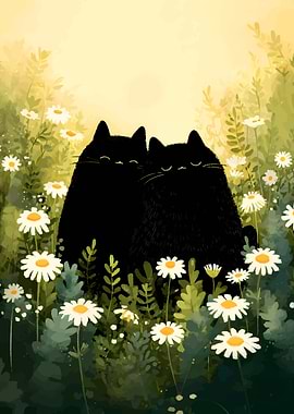 Two black cats in a field of daisies