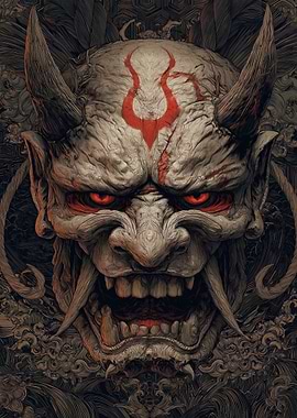 Demonic Oni Mask with Red Markings