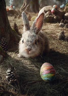 Easter Bunny with Painted Egg in Forest