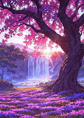 Enchanting Waterfall Scene with Cherry Blossoms
