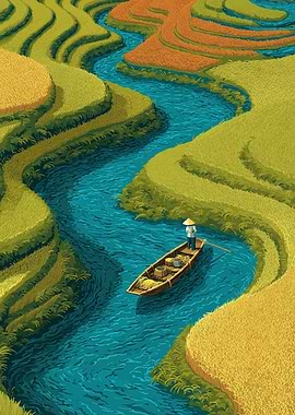 Farmer in a boat on rice terraces