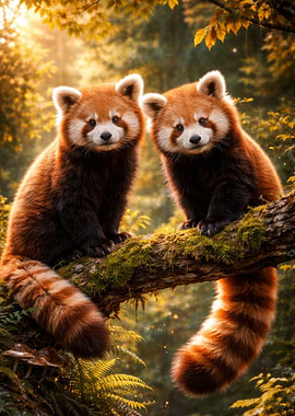 Two Red Pandas on a Mossy Branch