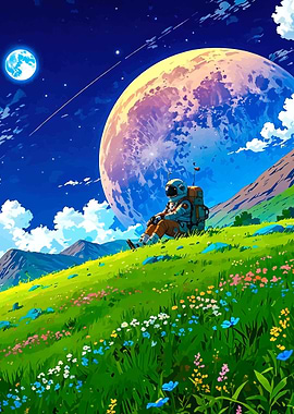 Astronaut on a grassy alien planet