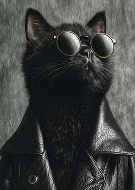 Black cat wearing sunglasses and leather jacket