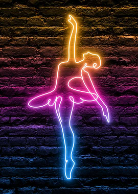 Neon Ballerina on a dark Brick Wall Background