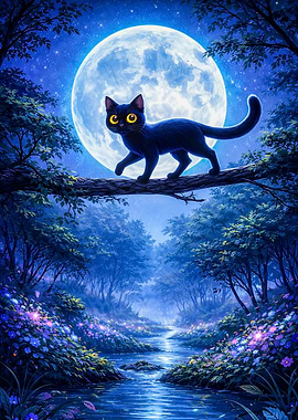 Black Cat Under Full Moon