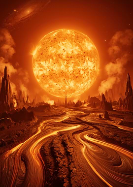 Alien Planet with Lava River and Giant Sun