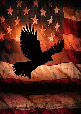 Eagle flying over American flag