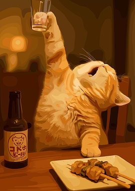Cat toasting with beer and skewers