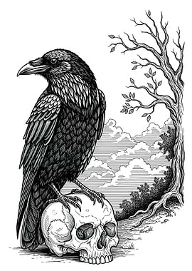 Raven perched on a skull