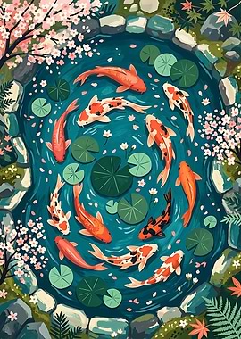Koi pond with cherry blossoms Tranquil – Japanese Garden Art