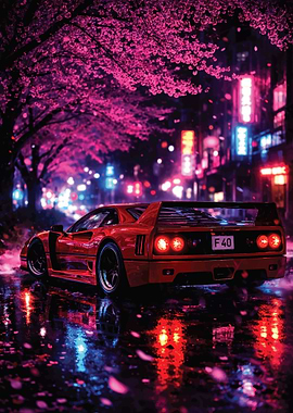 Red Ferrari F40 Cherry Blossoms