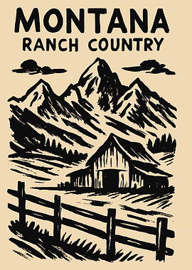 Montana Ranch Country Barn and Mountains