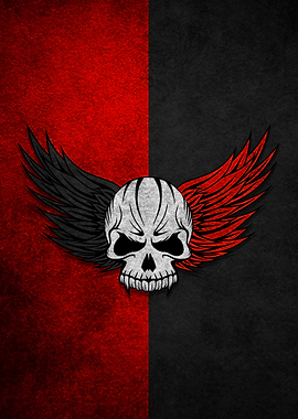 Skull with Wings on Red and Black Background