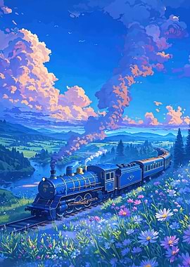Blue Train in a Floral Landscape