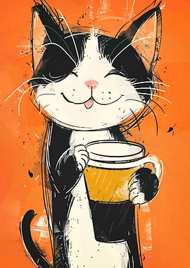 Happy Cat Holding a Coffee Mug
