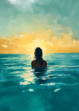 Woman in the ocean at sunset