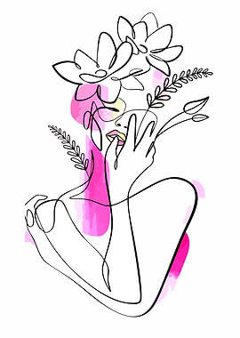 Abstract Woman with Flowers Line Art