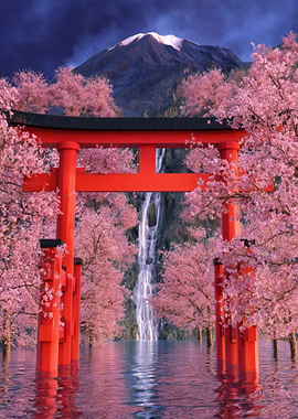 Torii Gate with Cherry Blossoms and Waterfall